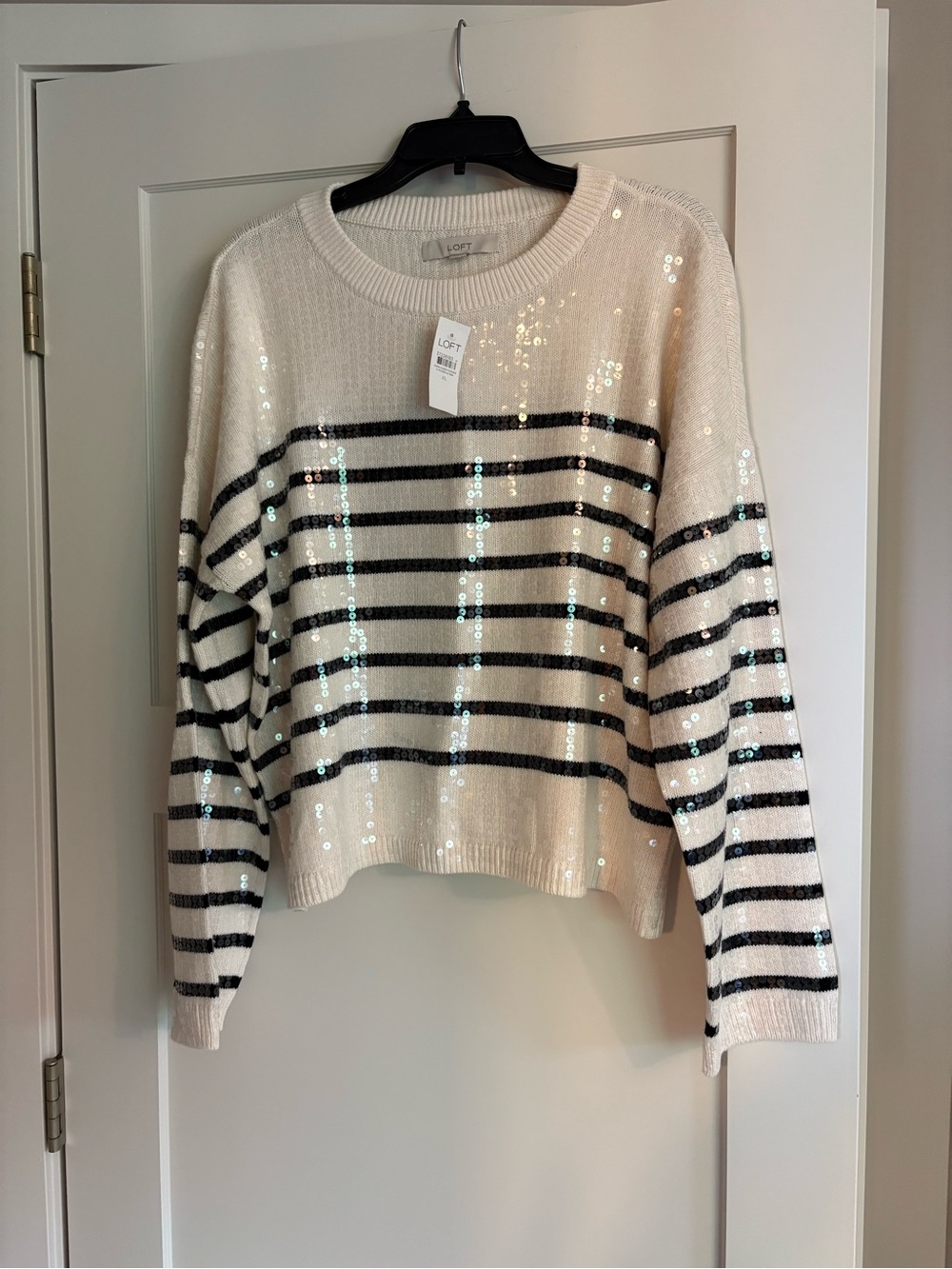 Ann Taylor LOFT Ivory Sweater with Black Stripes and All Over Sequins NWT